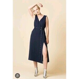 Tibi Twill V-Neck Draped Dress Navy Blue Wrap Asymmetrical Slit Size 8